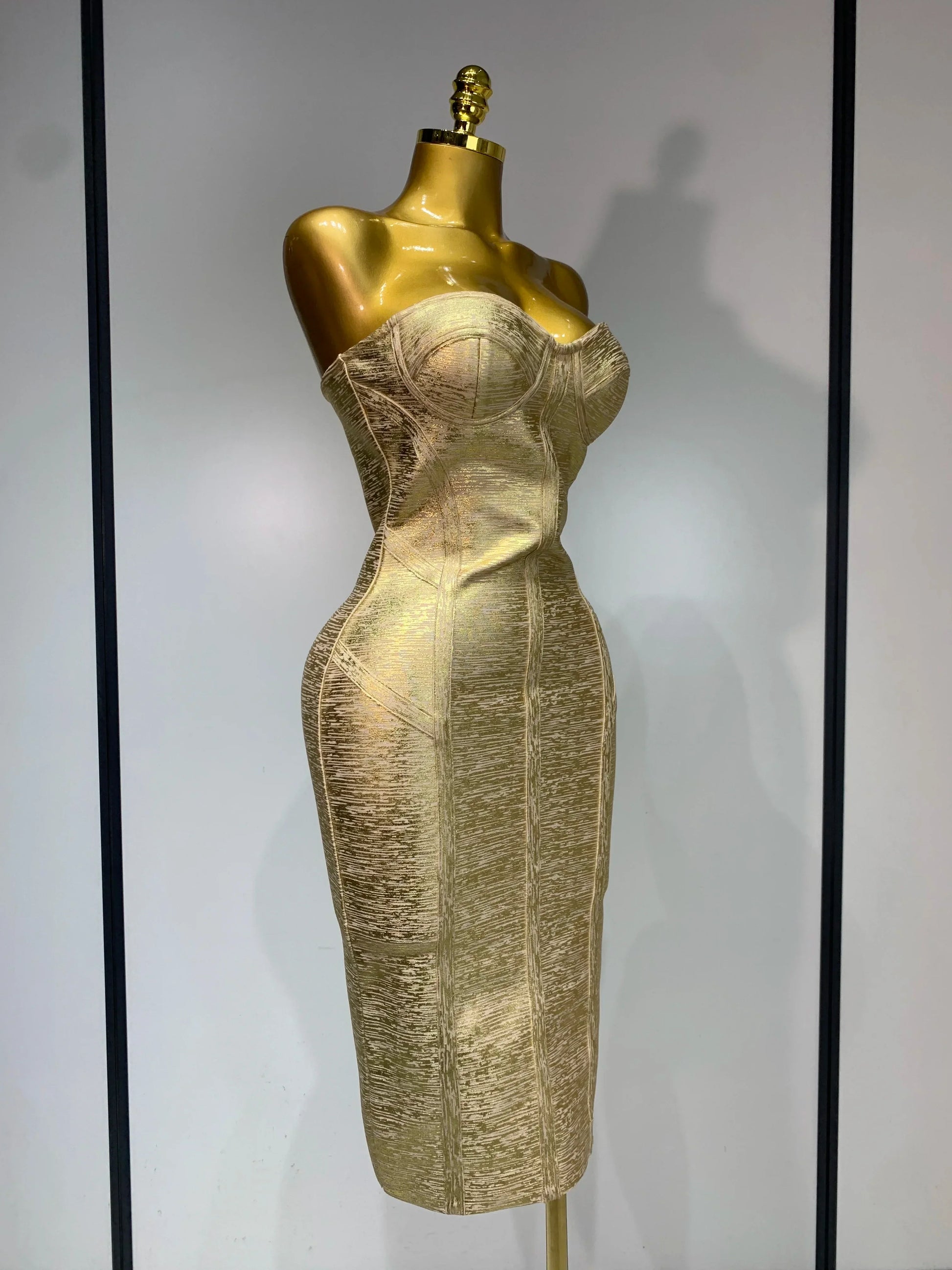 Women Sexy Gold Strapless Bodycon Bandage Dress Fashion Celebrate Evening Party Luxury Birthday Wedding Guest Dress