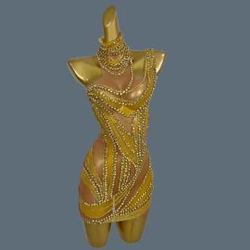 Sexy Women See Through Mesh Short Dress Sparkly Rhinestone Evening Prom Celebrate Birthday Dress Party Photography Wear Liuzhuan Gold One Size