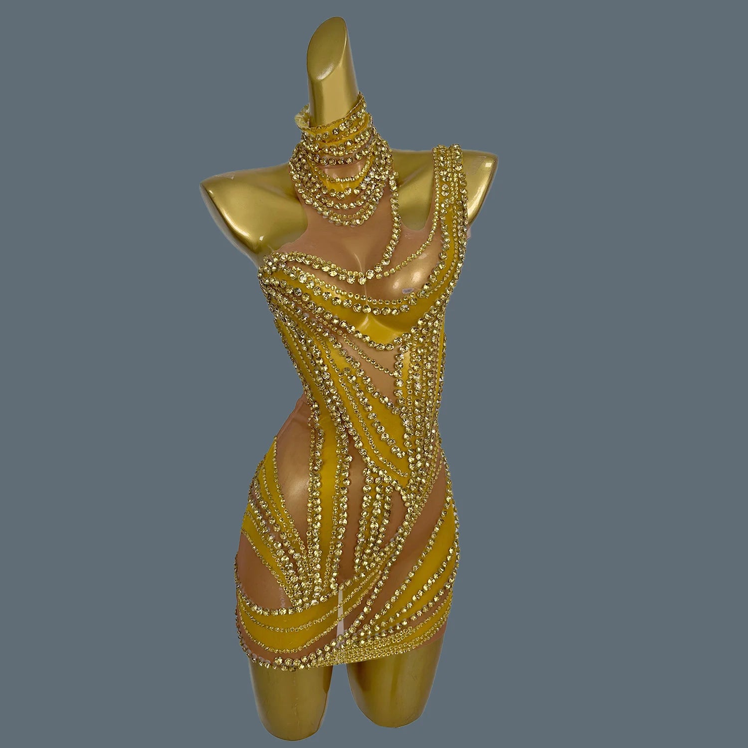 Hot Girl Sparkly Rhinestone Mini Dress Sexy Mesh See Through Party Event Prom Celebrate Birthday Dress Singer Show Wear Liuzhuan Gold One Size