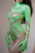 Women Long Sleeve Rhinestone Spandex Jumpsuit Birthday Prom Costume Nightclub Stage Performance Bodycon Rompers Hot Design Jimu green One Size