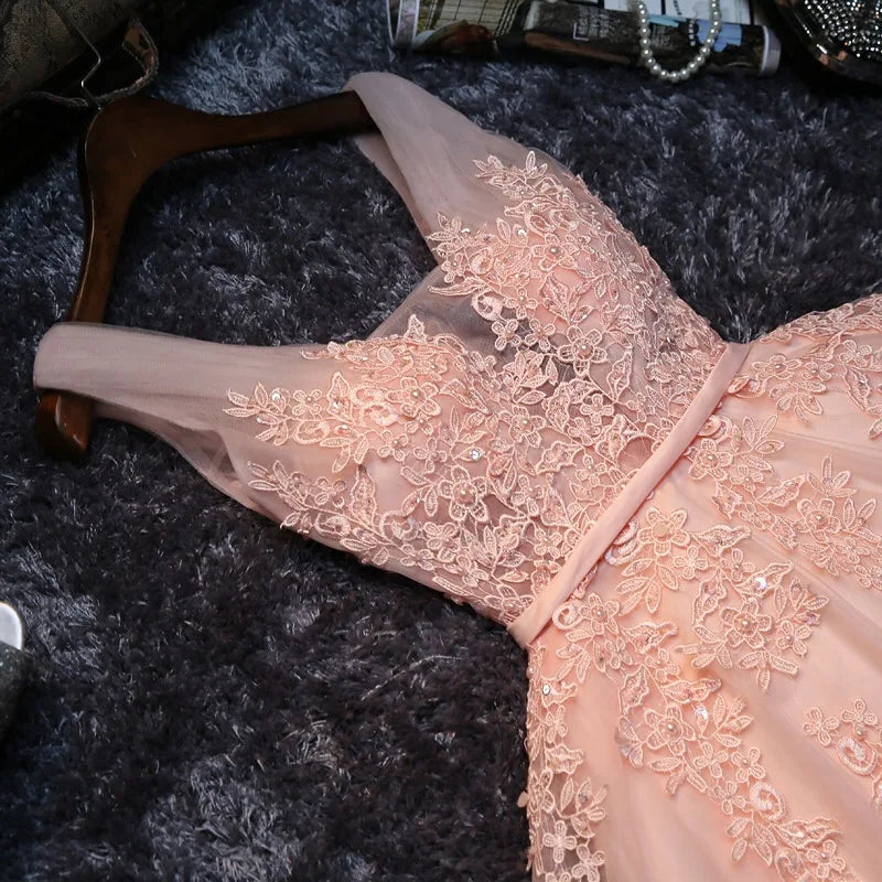 Robe de bal élégante rose perle pour femmes, tenue d'été Sexy, col en V, perles, à lacets, pour invités de soirée de mariage, robe de soirée de remise de diplôme