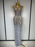 Luxury Rhinestone Sleeveless Silver Long Dress Women Sexy Mesh See Through Evening Prom Birthday Photo Shoot Singer Stage Outfit Silver