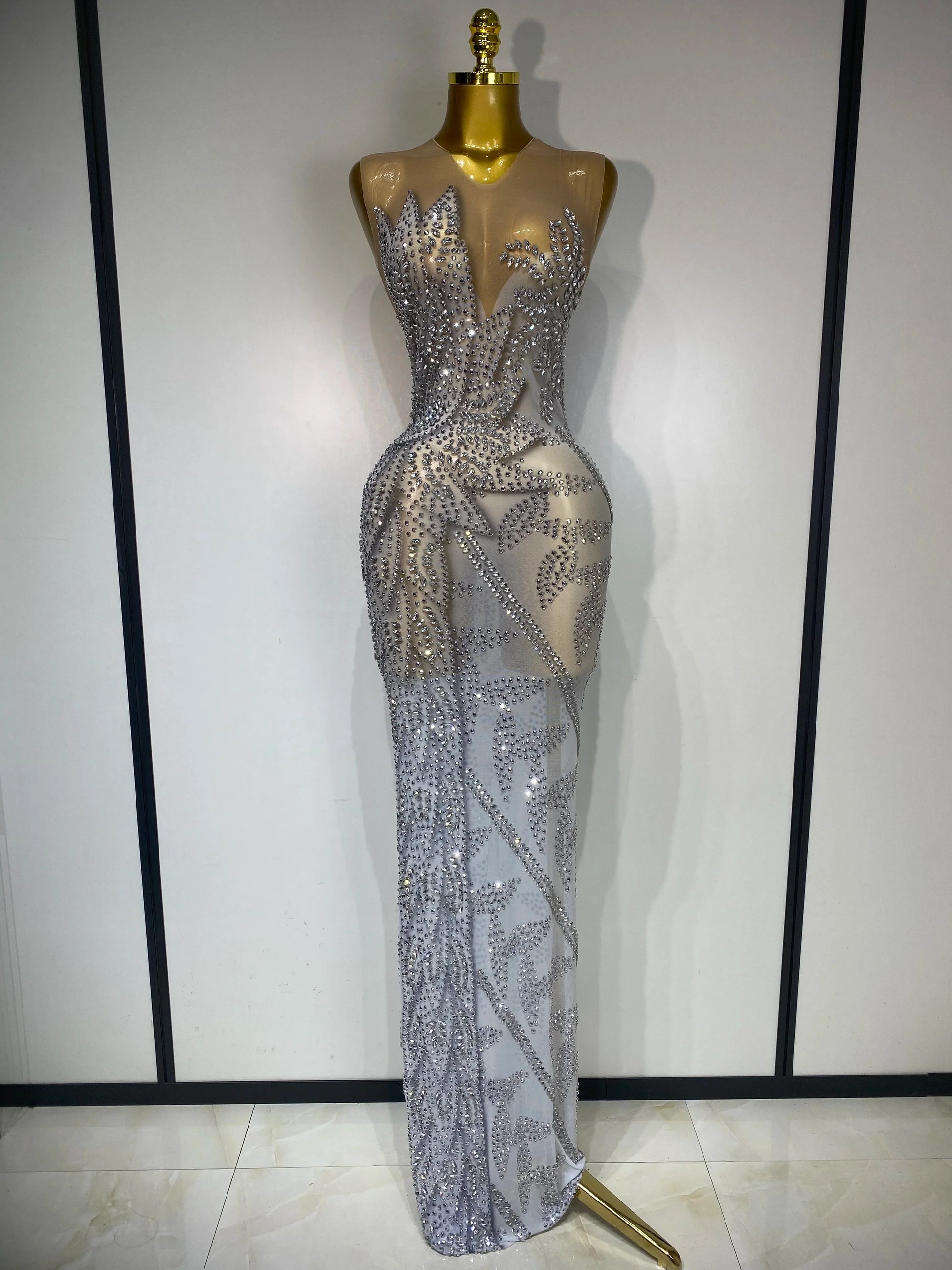 Luxury Rhinestone Sleeveless Silver Long Dress Women Sexy Mesh See Through Evening Prom Birthday Photo Shoot Singer Stage Outfit Silver