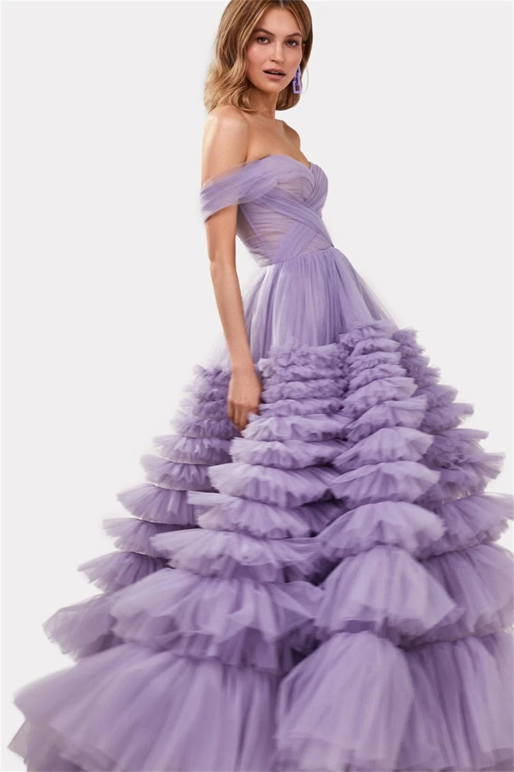 Lavender Cake shaped Tulle Prom Dress Multilayer Mesh Off Shoulder Ball Gown Vestidos De Fiesta Sleeveless Party Dress