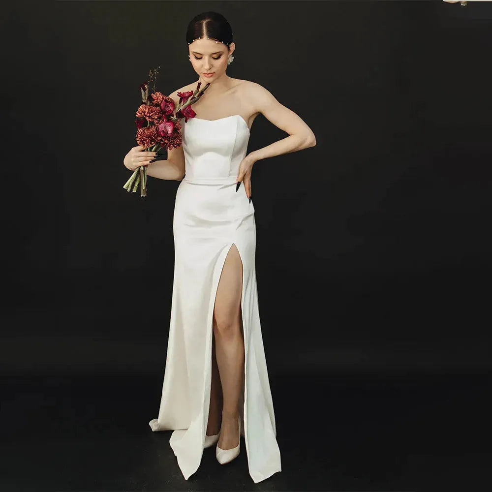 Simple Soft Satin Sheath Wedding Dresses Side Slit Custom Made Vestido De Novial Ivory 26w