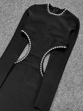 Winter Black Dress Women Sexy Hollow Out High Slit Fashion Party Wear Bandage Dress With Long Sleeve