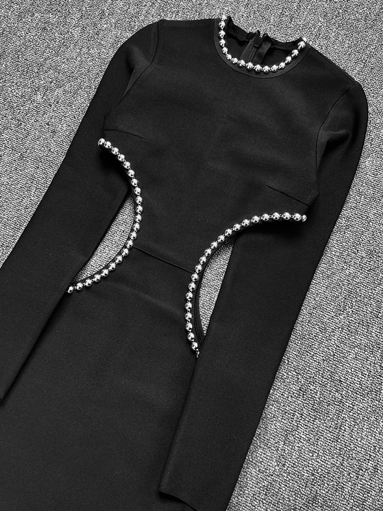 Winter Black Dress Women Sexy Hollow Out High Slit Fashion Party Wear Bandage Dress With Long Sleeve