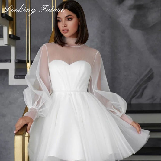 Gaun pengantin pendek putih untuk wanita pengantin gaun pengantin gaun puff panjang ilusi kerah tinggi gaun pengantin manis