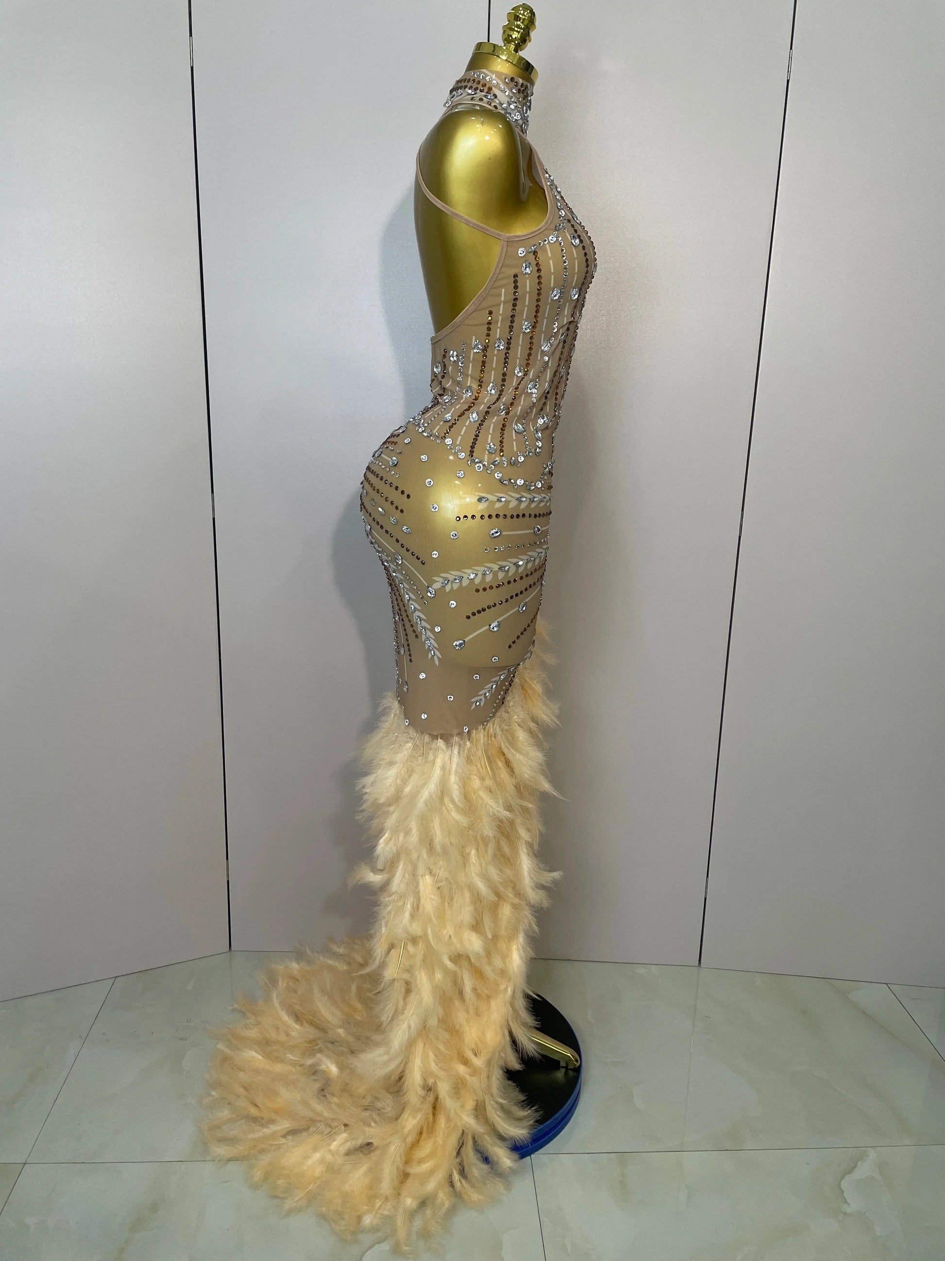 Sparkly Sexy Crystal Floor-Length Feathers Maxi Dress Elegant Evening Party Birthday Performance Prom Dance Stage Costume