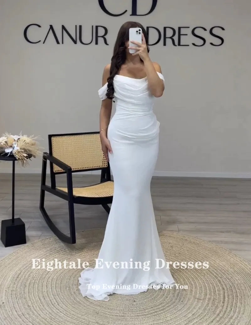 Arabische Abendkleider für Hochzeitsfeier vor der Schulterweißfalten Chiffon Meerjungfrau formelle Promi -Promkleider