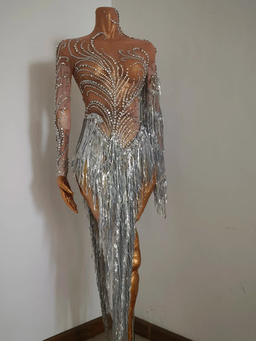 Sparkly Rhinestone Sequins Tassel Sexy Mesh See Through Dress Women Evening Birthday Party Nightclub Dance Singer Stage Outfit Silver