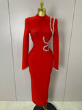 Sexy Long Sleeve Diamonds Maxi Long Bodycon Bandage Dress Women Celebrity Elegant Evening Party Luxury Birthday Dresses Red