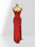 Haute Couture Red Sequins Sexy Off The Shoulder High Split Ankle Lenght Dress Woman Birthday Party Dress Celebrity Patry Outfit Red