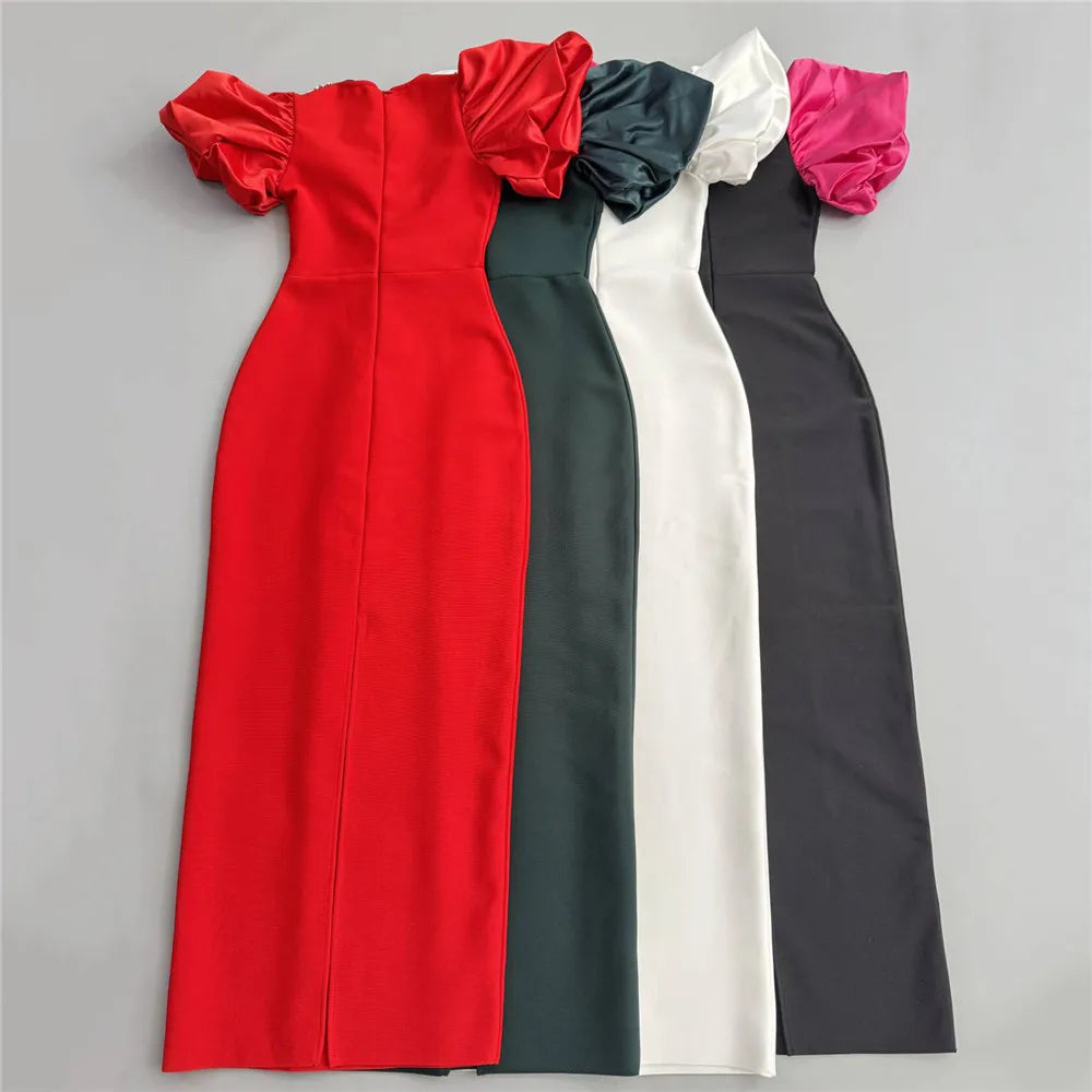 Women Short Puff Sleeve Sexy Square Collar Shinning Crystal Bodycon Long Bandage Dress Celebrate Evening Party Birthday Outfit