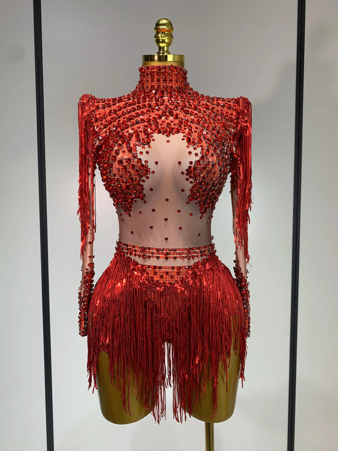 Women Sexy Elasticity Performance Dance Nightclub Rompers Singer Stage Outfit Sparkly Rhinestone Tassels Bodysuit Birthday Wear Red
