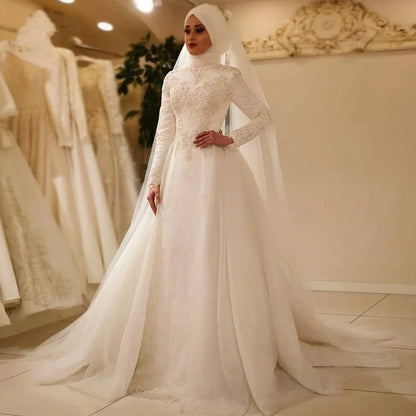 Kobiety białe/kości słoniowej A-line sukienki ślubne Muzułmańskie arabskie koronkowe aplikacje ślubne suknie ślubne eleganckie długie rękawy vestidos de novia