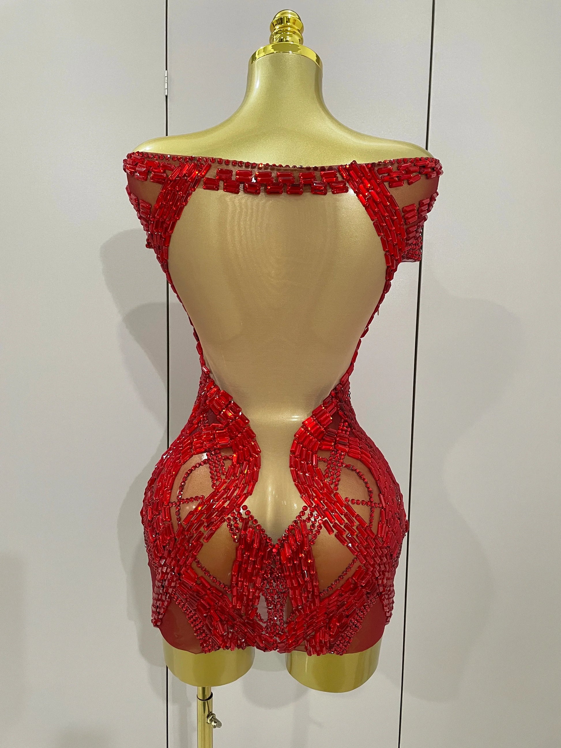 Shining Red Rhinestones Sexy Mesh See-Through Mini Dress Women Celebrate Evening Prom Birthday Party Dress Stage Shoot Wear