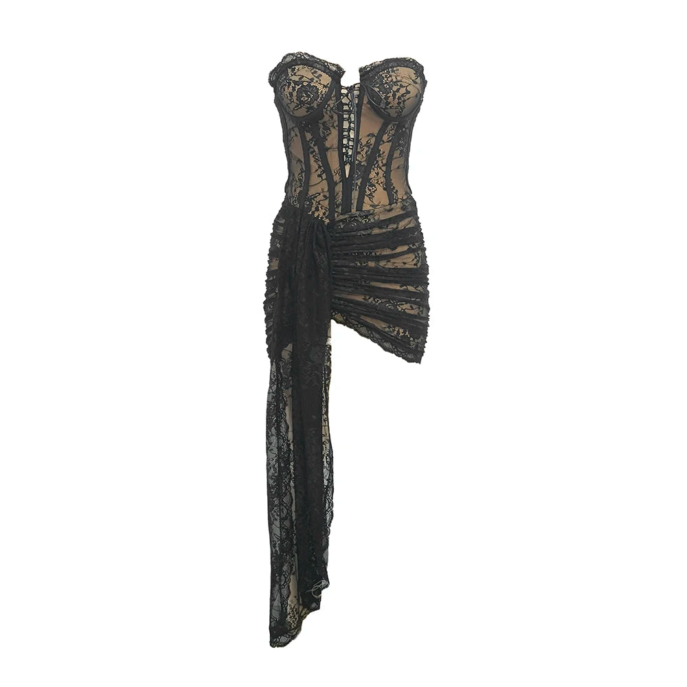 Fashion Black Lace Strapless Corset Mini Dress with Asymmetrical Skirt for Fashion-Forward Events Evening Gown black