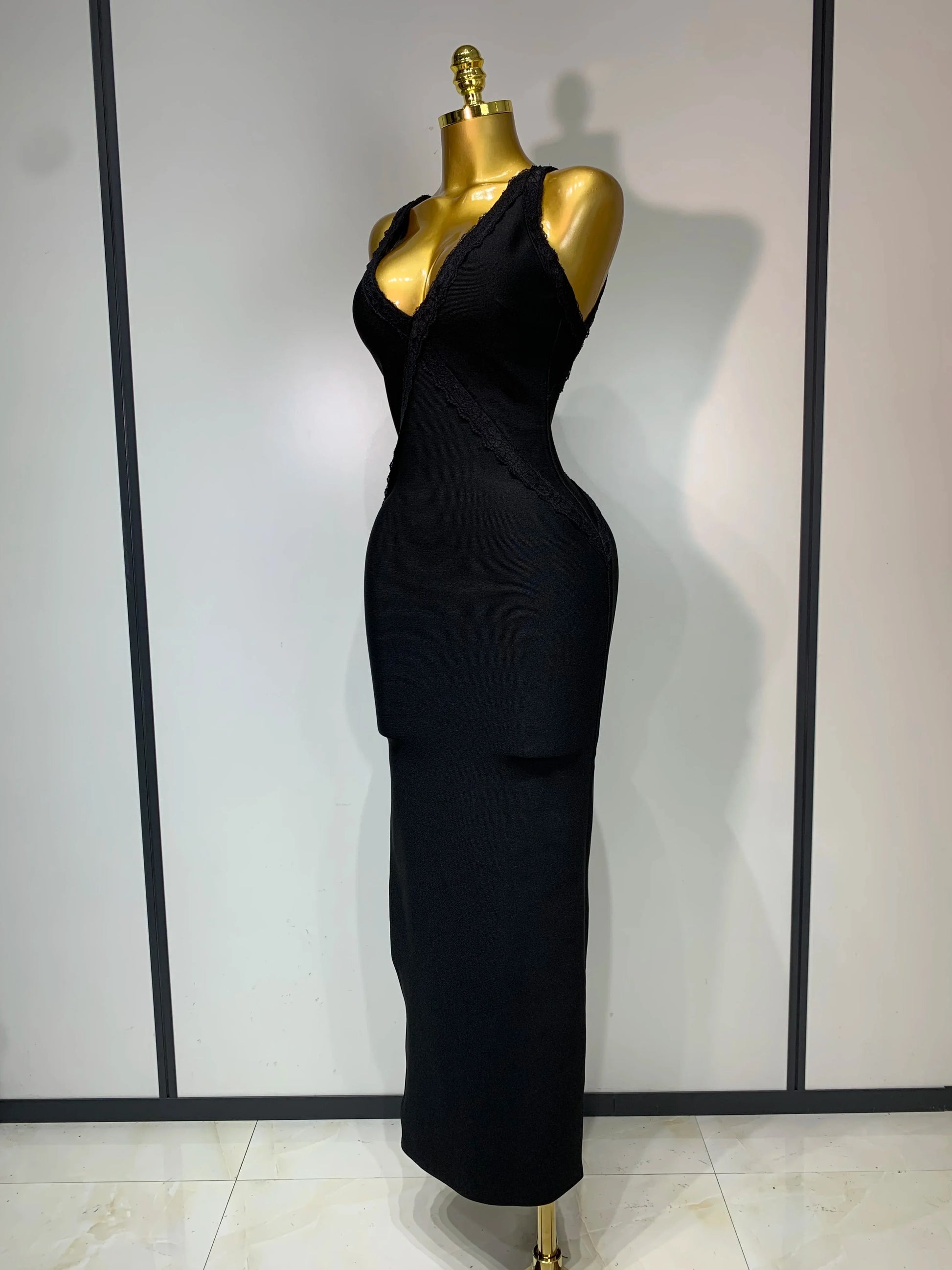 Sexy V Neck Black Lace Prom Dress Sleeveless Evening Party Gown Celebrity Elegant Luxury Birthday Club Dresses