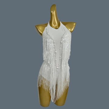 Sparkly Women White Tassel Leotard Sexy Pearls Sequins Fringes Bodysuit Club Performance Wear Party Stage Dance Costumes Shuye WHITE One Size