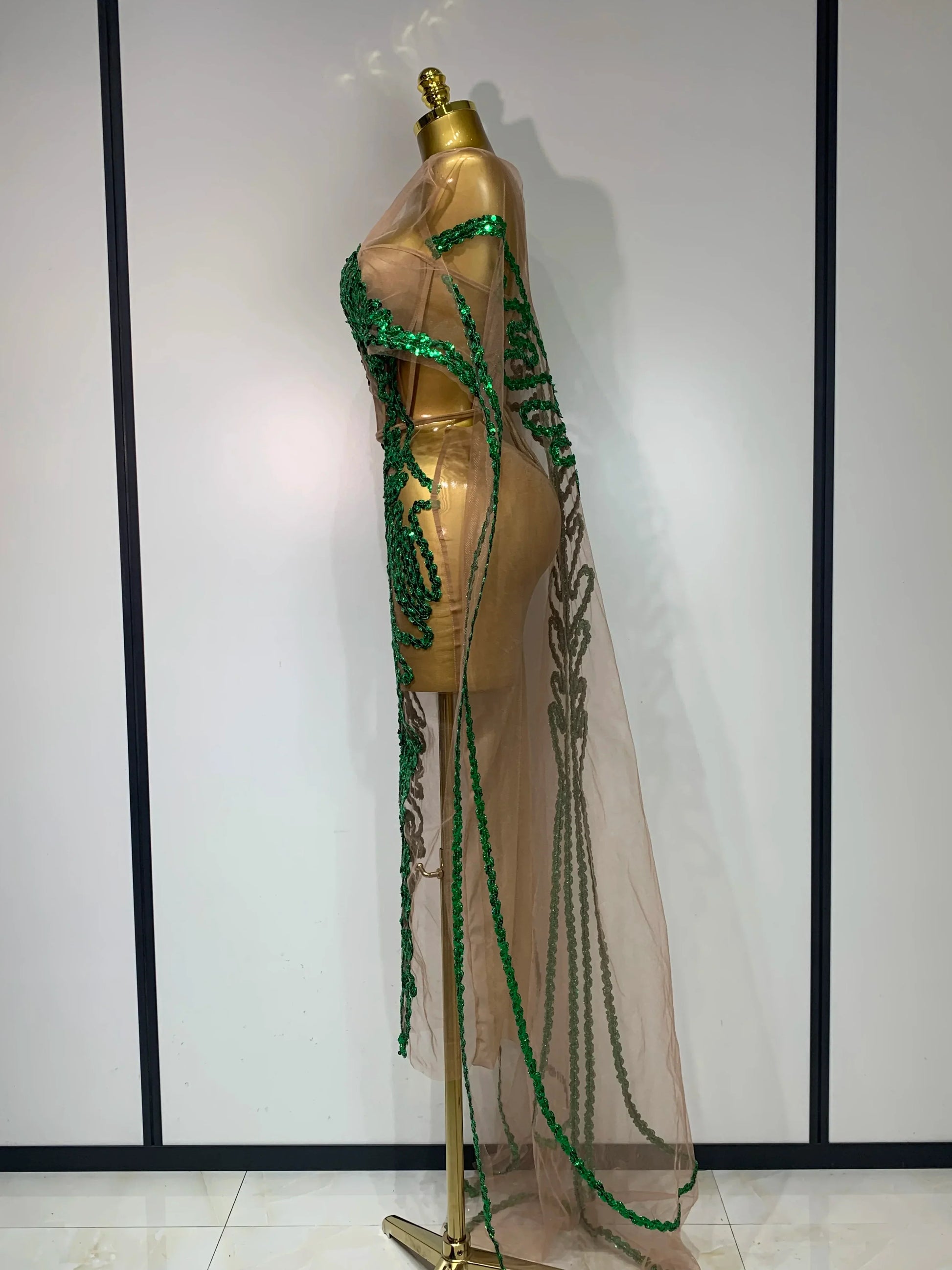 Sexy Mesh See Through Long Dress Sparkly Green Sequins Night Club Party Dress Cloak Birthday Celebrate Drag Queen Stage Costumes
