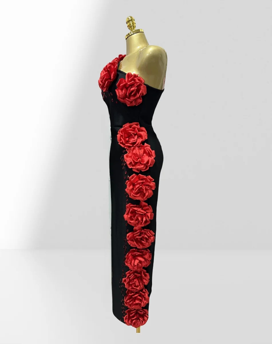 Red Flowers Shining Diamonds Sexy Oblique Shoulder Black Bandage Dress Woman Birthday Party Dress Wedding Party Outfit