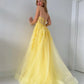 Yellow Lace Appliques Prom Dresses Tulle A-line vestidos de noche Elegant Puffy Sleeves Spaghetti Strap Formal Evening