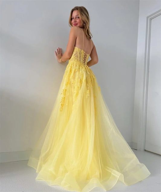 Vestidos de fiesta con apliques de encaje amarillo, vestidos de noche de tul con corte en A, mangas abullonadas elegantes, tirantes finos, noche Formal