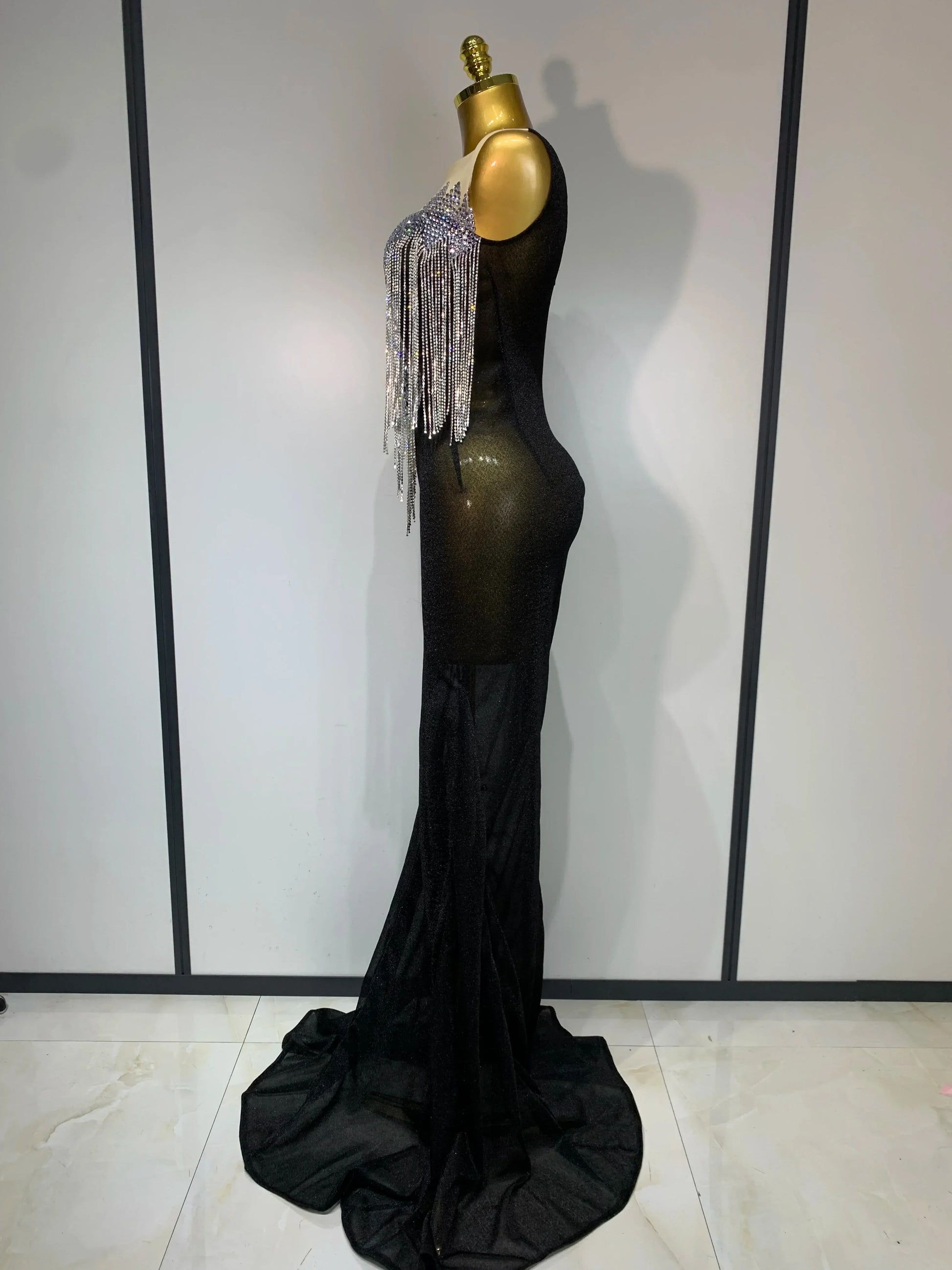 Women Sexy Sparkly Rhinestones chain Celebrity Elegant Maxi Long Dress Luxury Birthday Prom Gowns Stage Show Performance Costume