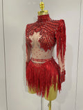 Women Sparkly Rhinestone Sequin Tassel Stretch Bodysuits Birthday Party Nightclub Dj Stage Performance Costume
