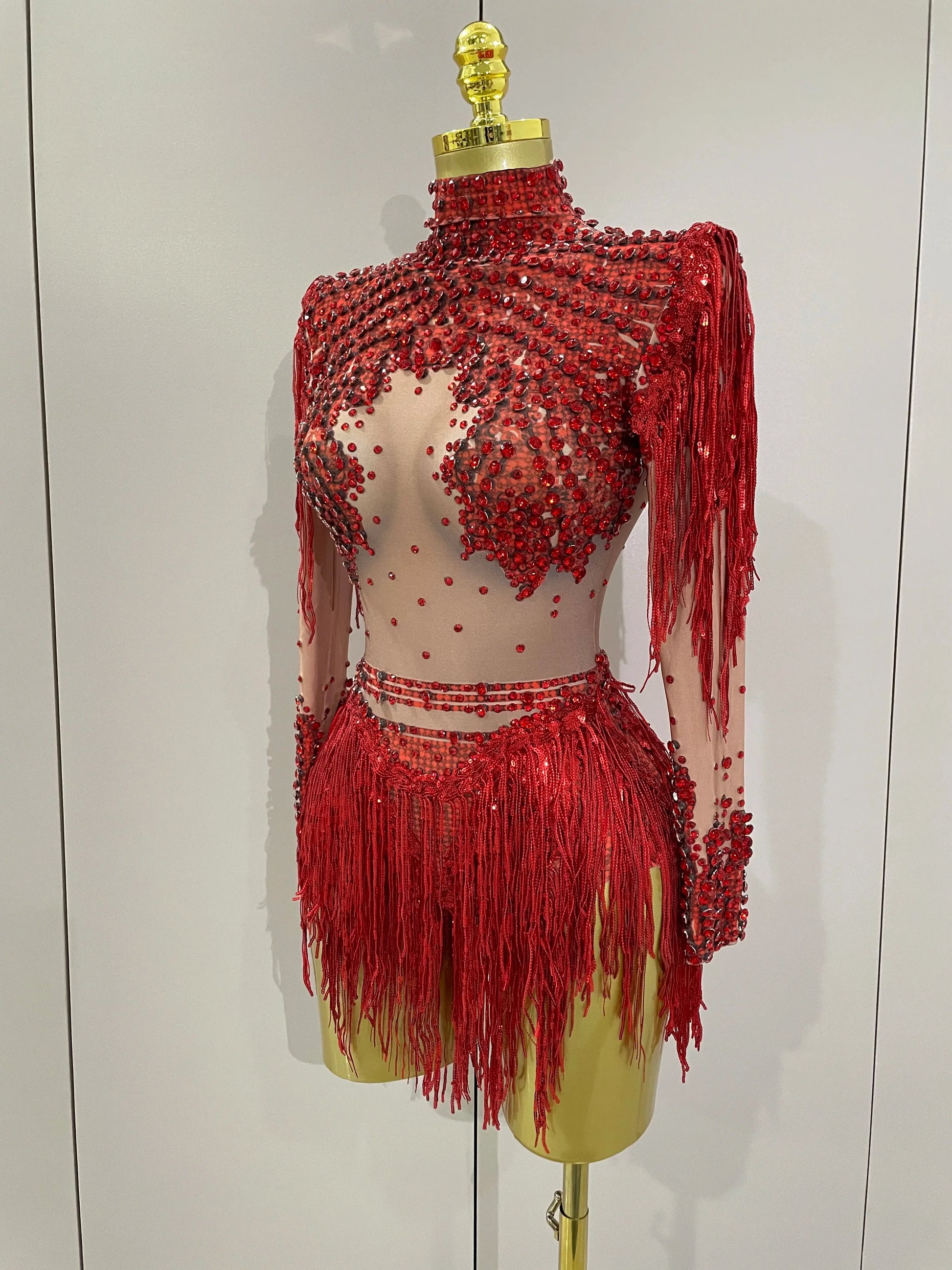 Women Sparkly Rhinestone Sequin Tassel Stretch Bodysuits Birthday Party Nightclub Dj Stage Performance Costume