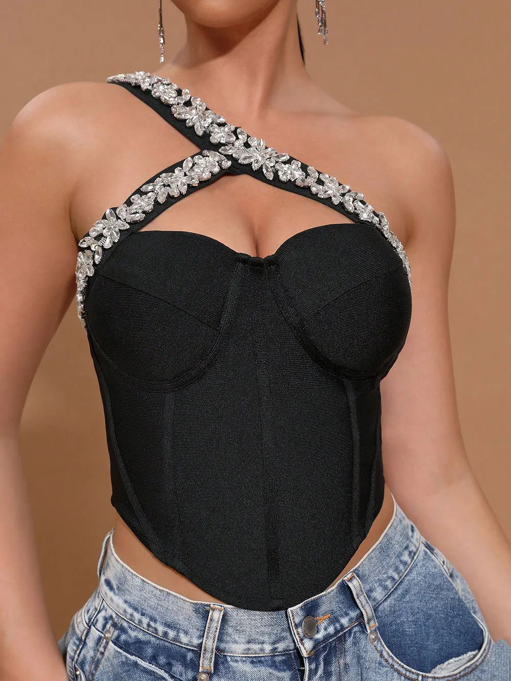 Spring Sexy Women Light Luxury Nail Bead Bandage Tank Top Single Shoulder Sleeveless Hollow Out Back Hoodie Ultra Short Top black