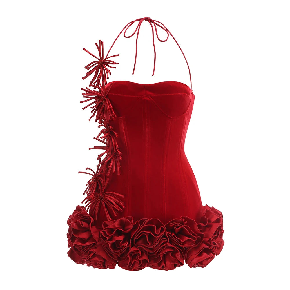 Chic Halter Sleeveless Style Corset Mini Dress with Unique Embellishments for a Special Night Out Evening Gown Red