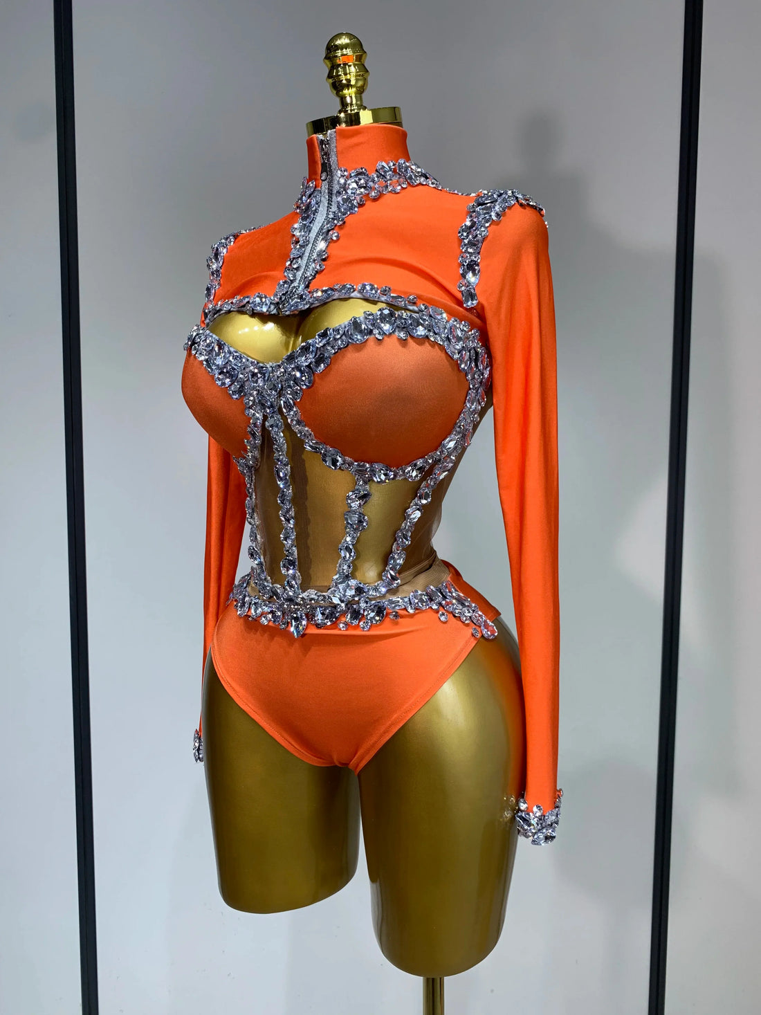 Sparkly Rhinestone Stage Outfit Women Long Sleeve Three Piece Set Dance Drag Queen Nightclub Evening Party Birthday Costume Orange