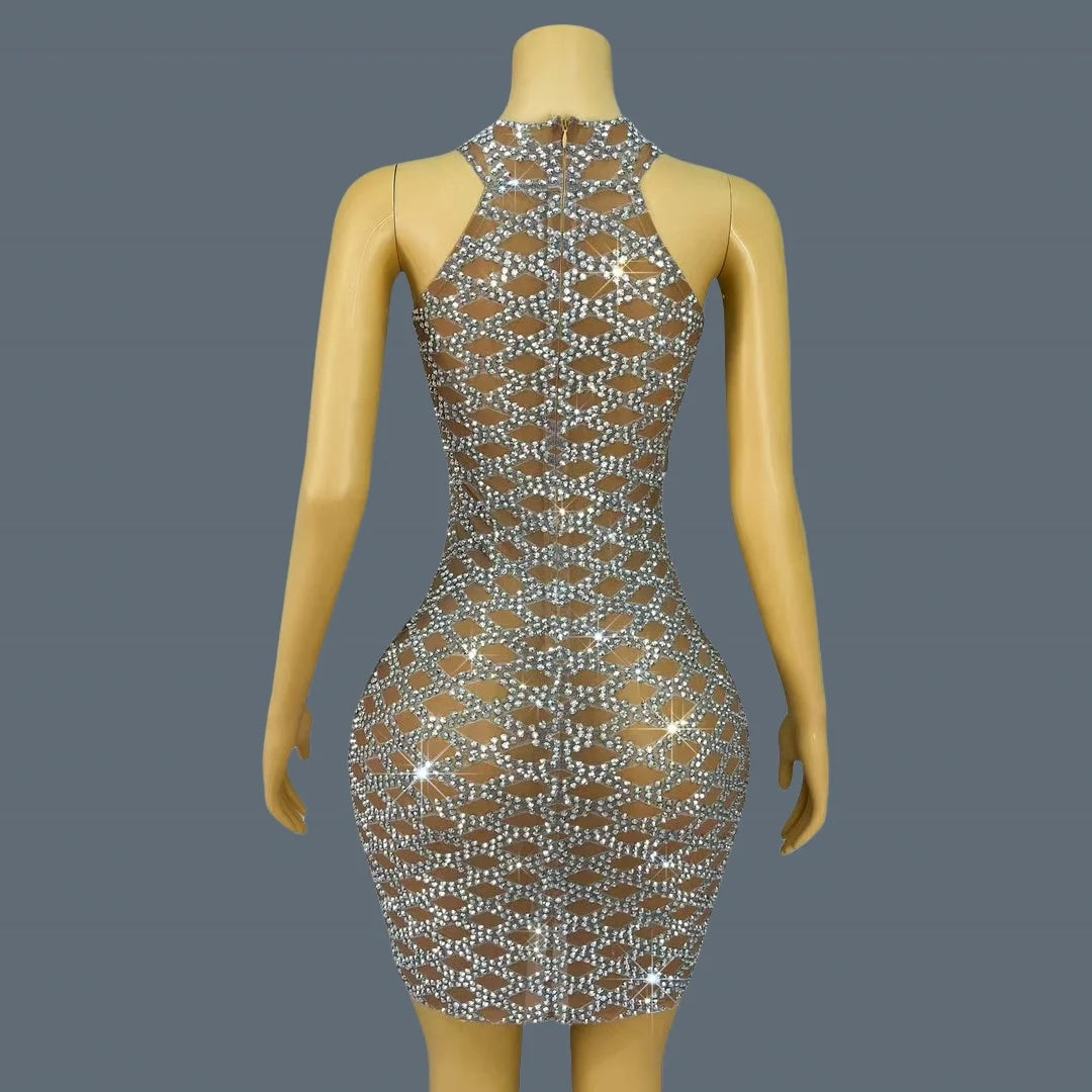 Women High-end Silver Crystals Mini Dress Sparkly Chic Ball Dress Sheer Mesh Sleeveless Birthday Party Sexy Dress linggejiaodian as shown