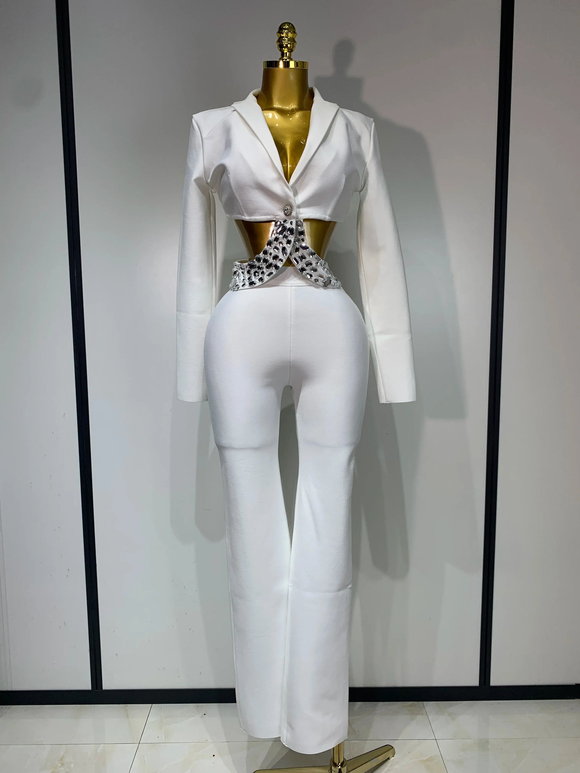 Women Sexy Cut Out Long Sleeve Beading Bodycon Two Pieces Pants Bandage Set Celebrity Designer Fashion Women Luxury Birthday Set WHITE