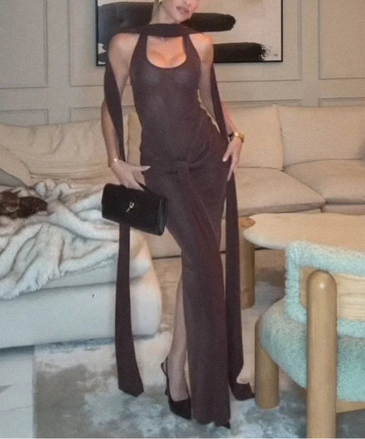 Sleek Modern Brown Halter Backless Maxi Dress with Waist Tie Drape Details for Party Evening Gown