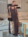 Sleek Modern Brown Halter Backless Maxi Dress with Waist Tie Drape Details for Party Evening Gown