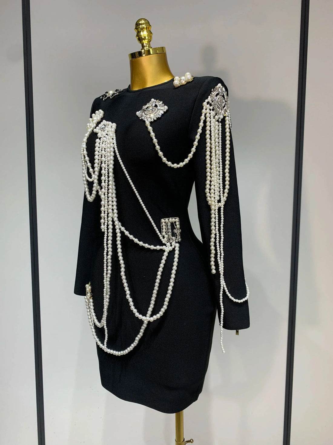 Luxury Birthday Dress Women Beading Diamond Black Bodycone Bandage Wrapped Hip Dress Elegant Long Sleeves Evening Party Gown black