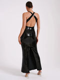 Summer Women'S Dress Black Sequins Tight Sexy V-Neck Sleeveless Backless Catwalk Party Long Gowns With 3D Flower