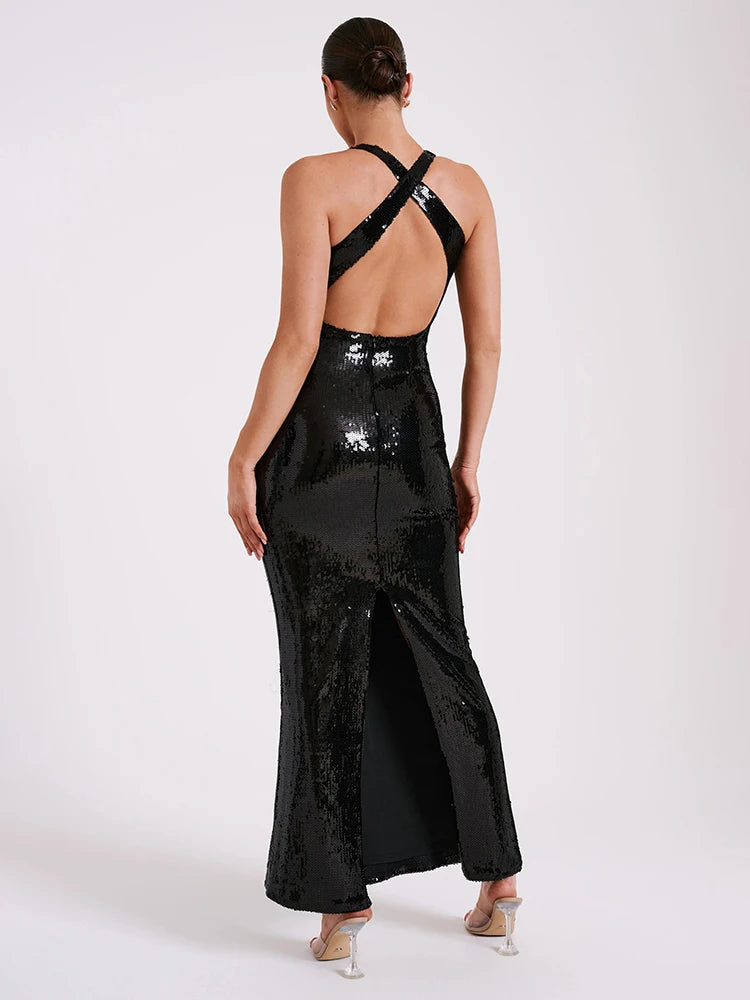 Summer Women'S Dress Black Sequins Tight Sexy V-Neck Sleeveless Backless Catwalk Party Long Gowns With 3D Flower