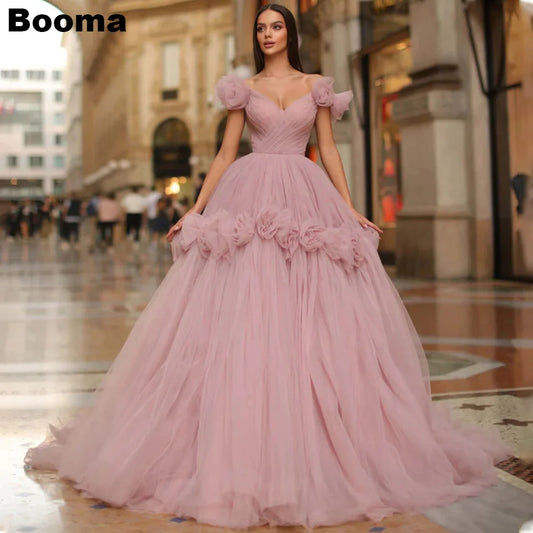 Pink A-Line Wedding Dresses Off Shoulder 3D Flowers Ball Gowns Brides Prom Gown Long Bridals Evening Dresses for Women