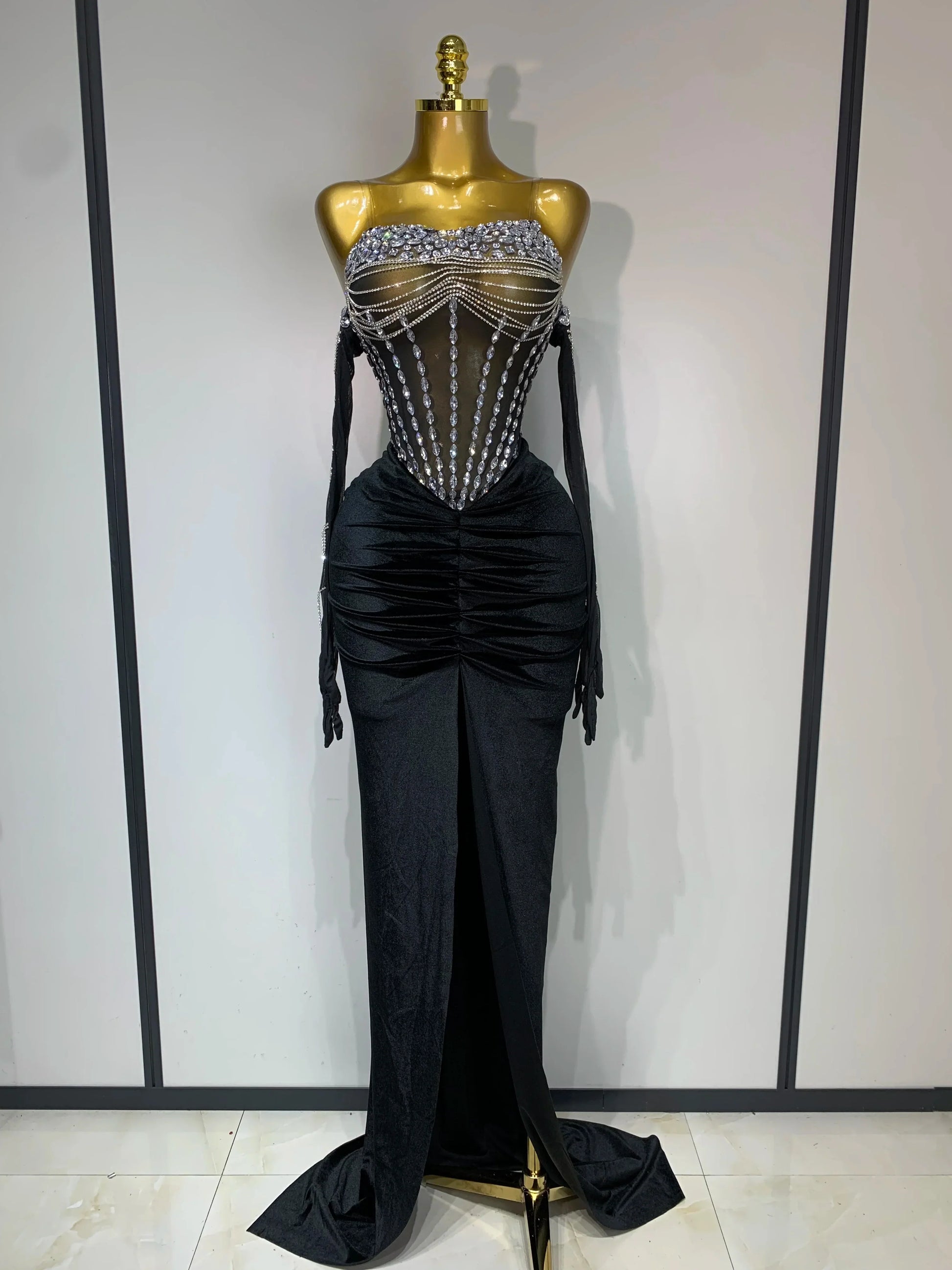 Women Sexy Strapless Rhinestone bodysuit Skirt Three Piece Set Celebrity Elegant Evening Party Birthday Dresses Stage Costume black