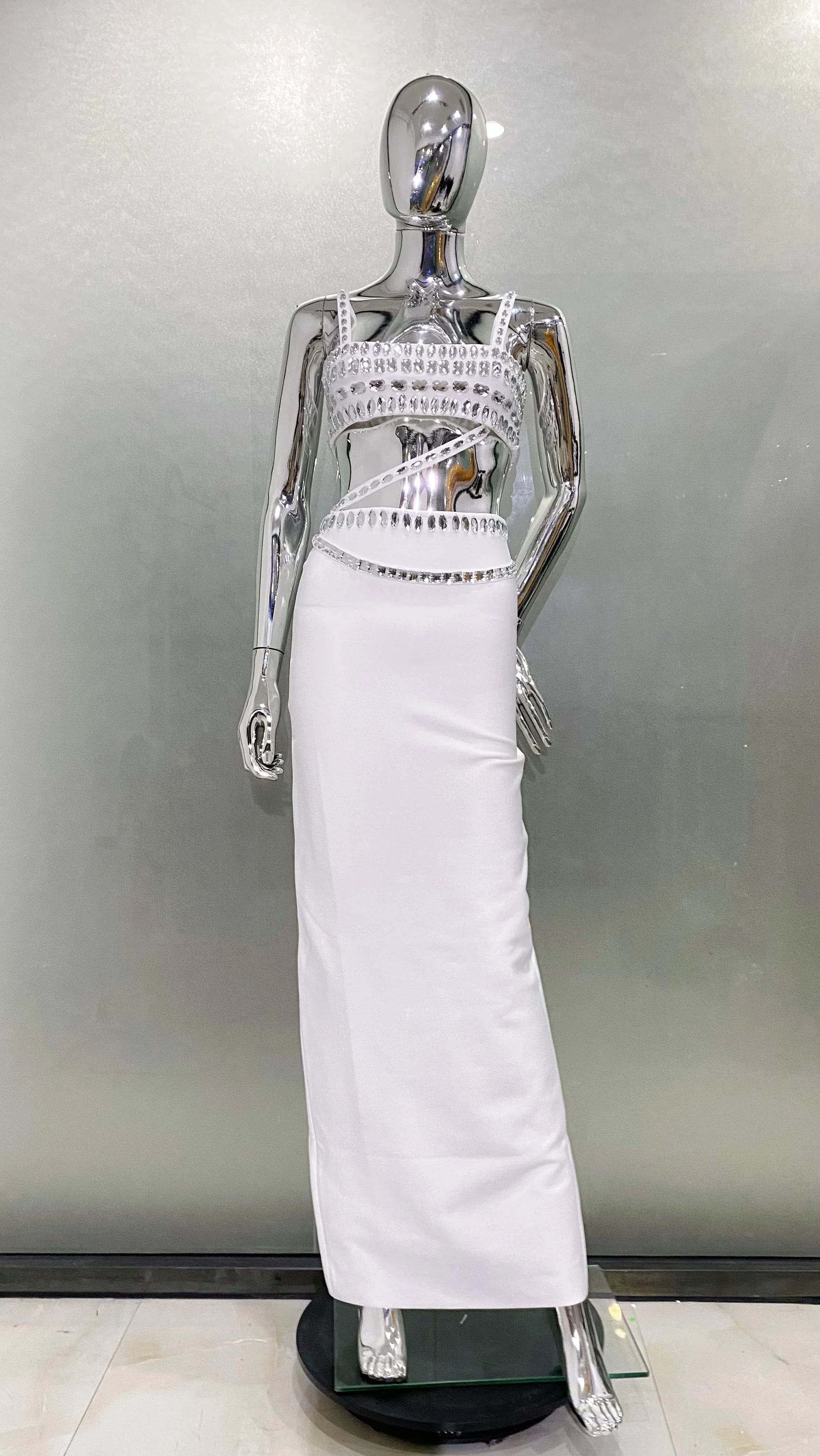 Sparkling Diamonds Woman Set Spaghetti Strap Top And Ankle Lenght Skirt 2 Pieces Evening Party Vestido Beach Vocation Outfit