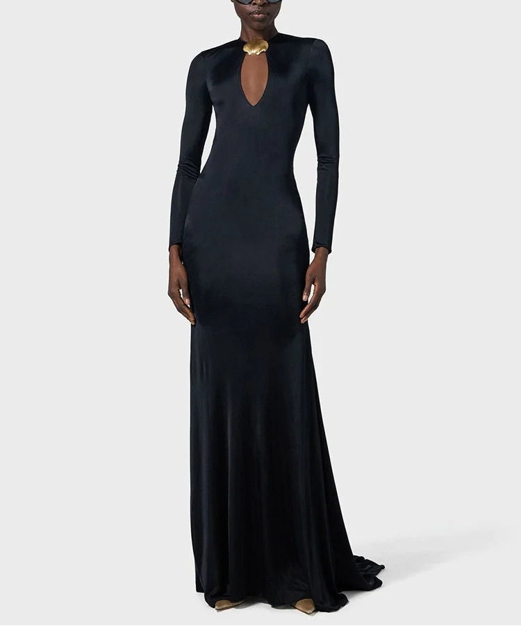 Sophisticated Long Sleeved Black Maxi Dress with Cut-Out and Open Back for Gala Affairs Evening Gown