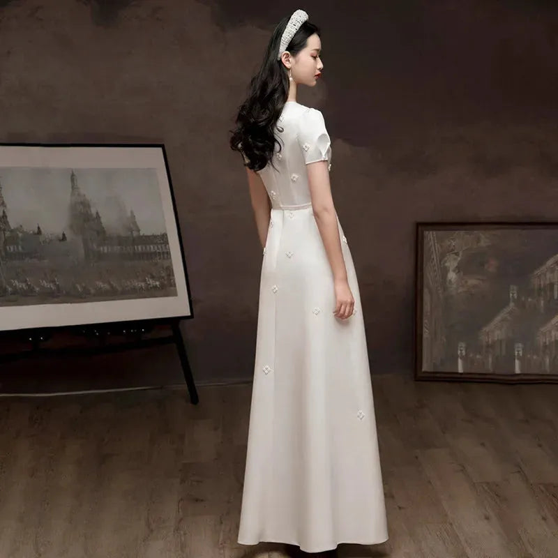 White Satin Wedding Dress for Bride Elegant Beading Formal Evening Long Party Summer Dress Women Sexy V Neck Birthday Dress White 12