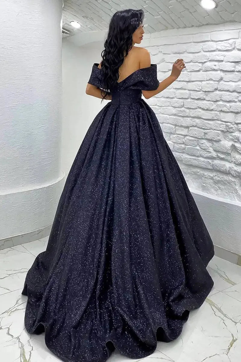 Elegant Evening Dresses Sparkly Off Shoulder V Neckline Ball Gown Bling Formal Party Women Prom Gowns Custom made Black
