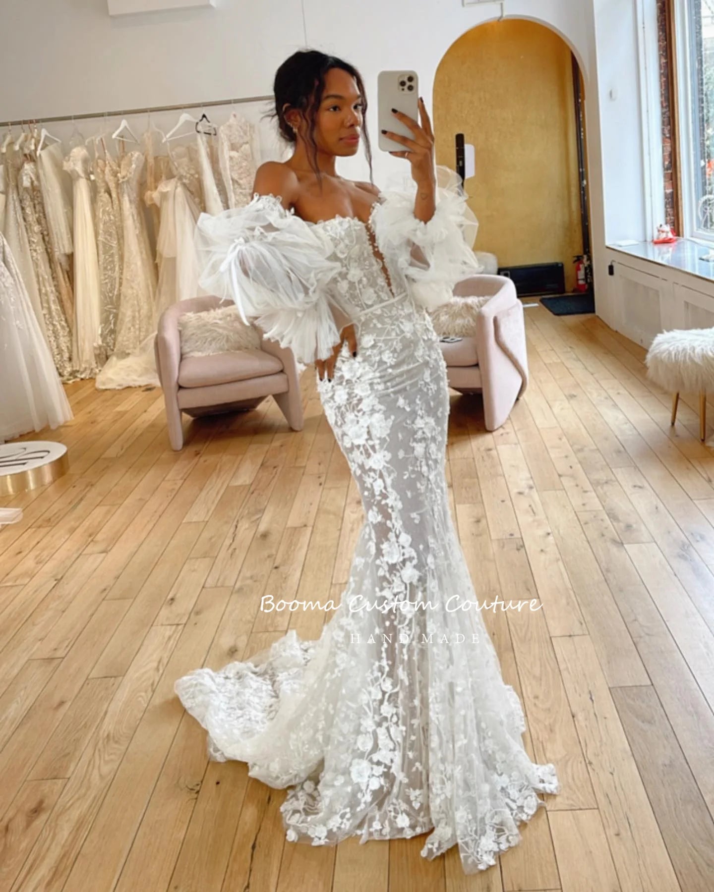 Sweetheart Floral Lace Mermaid Wedding Dresses Tiered Detachable Sleeves Fitted Bridal Gowns Trumpet Bride Dresses