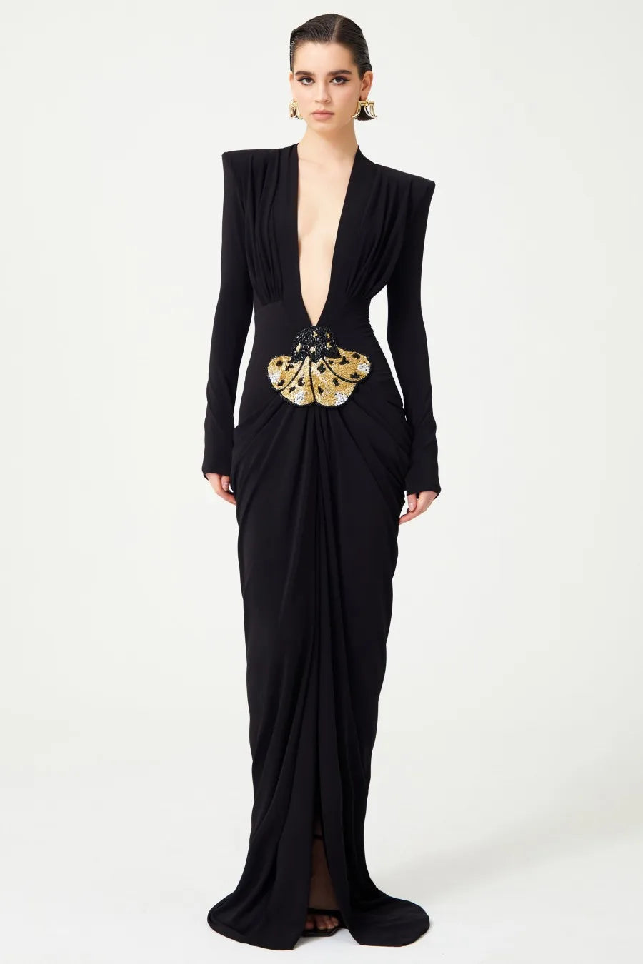 Beaded Decoration Sexy V-Neck Package Hip Black Floor Length Dress Celebrity Party Dress Woman Cocktail Outfit black