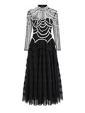 Shining Diamonds Pearl Beading Sexy See Through Mesh Ball Gown Dress Woman Birthday Party Vestido Celebrity Party Outfit black